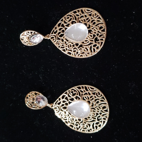 Gold Tone Costume Jewelry Earrings with White Plastic Stones - Picture 2 of 2
